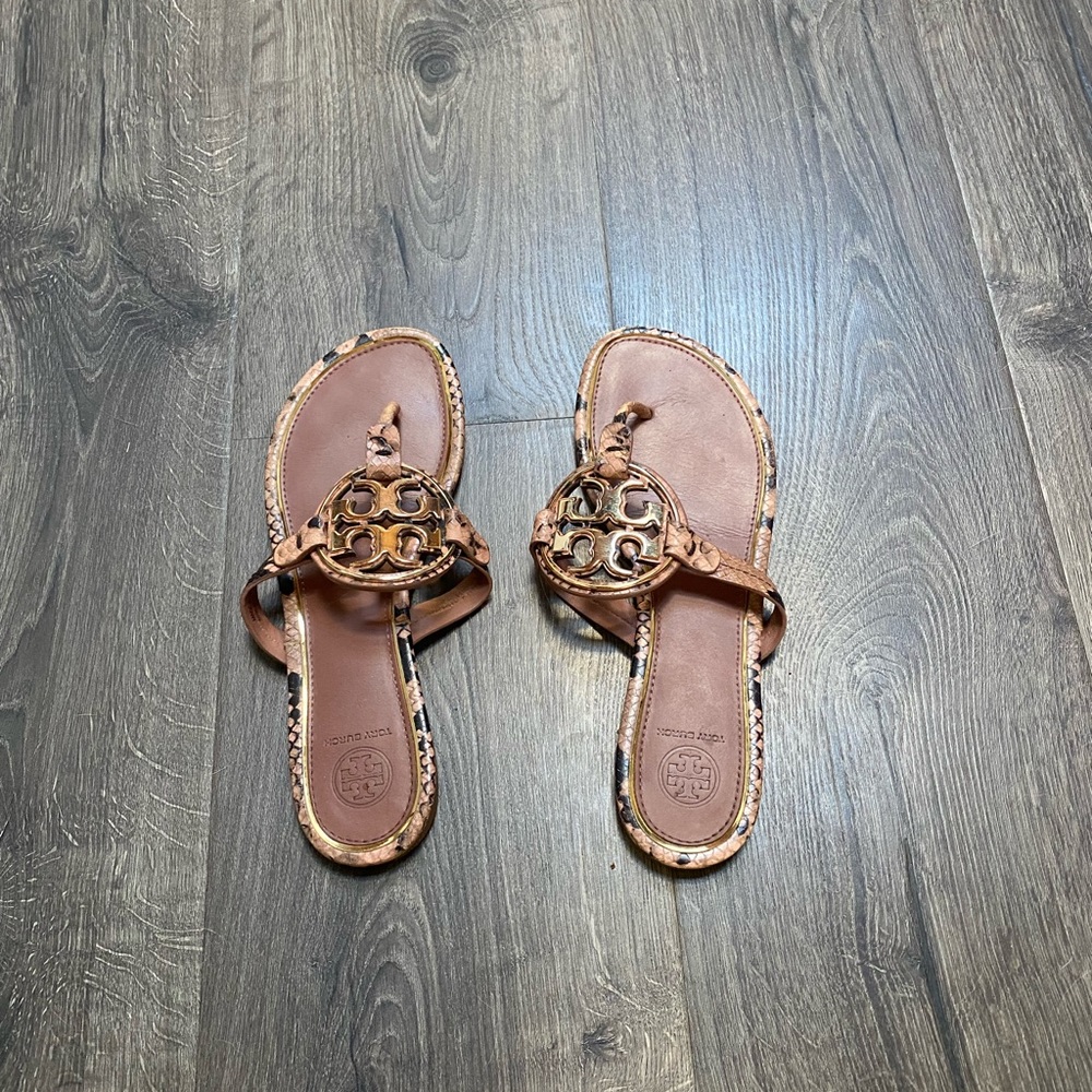 Tory Burch Miller Sandals with gold detail, pink snake print.